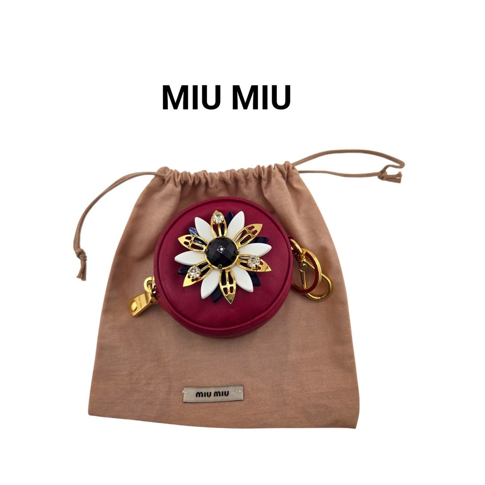 Miu Miu Magenta Leather Flower Embellished Round Coin Pouch Keychain Bag Charm